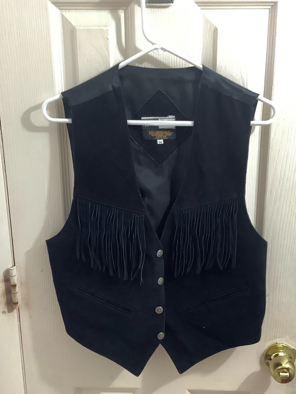Vintage 80s Women’s size M Black Suede Leather Snap Fringed Vest Jacket Western